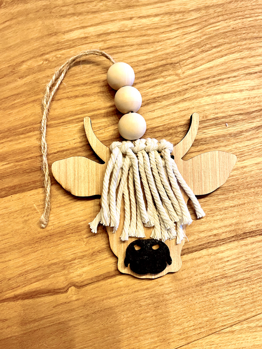 boho macrame highland cow fluffy tassleCar Charm Review Mirror wood sign Hanging Tag Bead Active