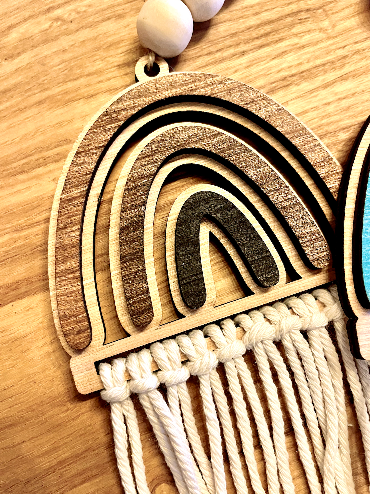 boho macrame rainbow tassle Car Charm Review Mirror wood sign Hanging Tag Bead Active