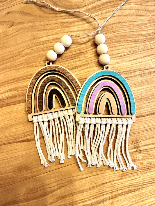 boho macrame rainbow tassle Car Charm Review Mirror wood sign Hanging Tag Bead Active