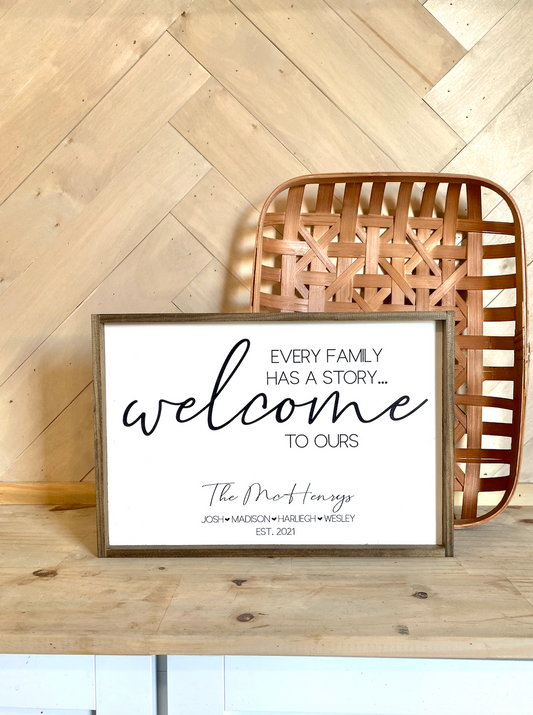 Every family has a story welcome to ours last name family farmhouse cursive family wood sign