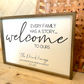 Every family has a story welcome to ours last name family farmhouse cursive family wood sign