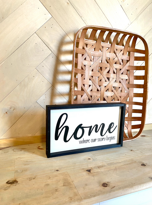 Home where our story begins family sign  wood sign entry way sign livingroom sign hanging wall framed signs