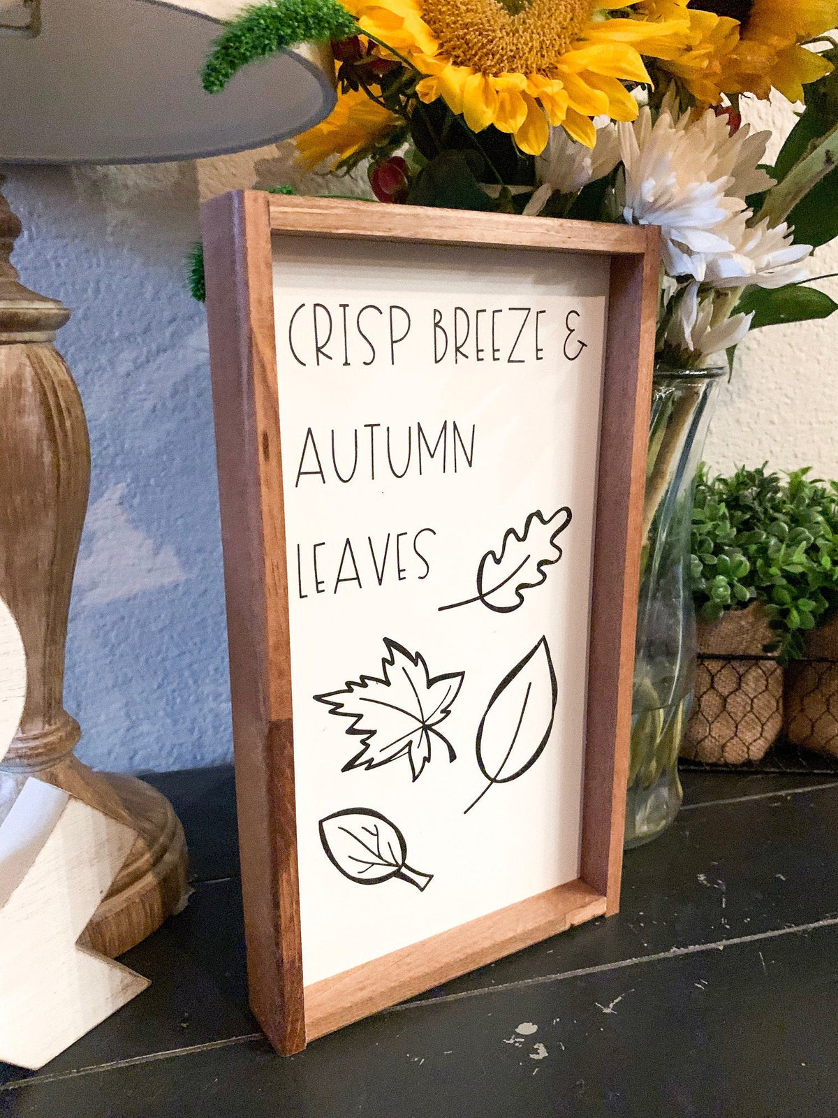 Crisp Breeze & Autumn Leaves Framed Fall Wood Sign