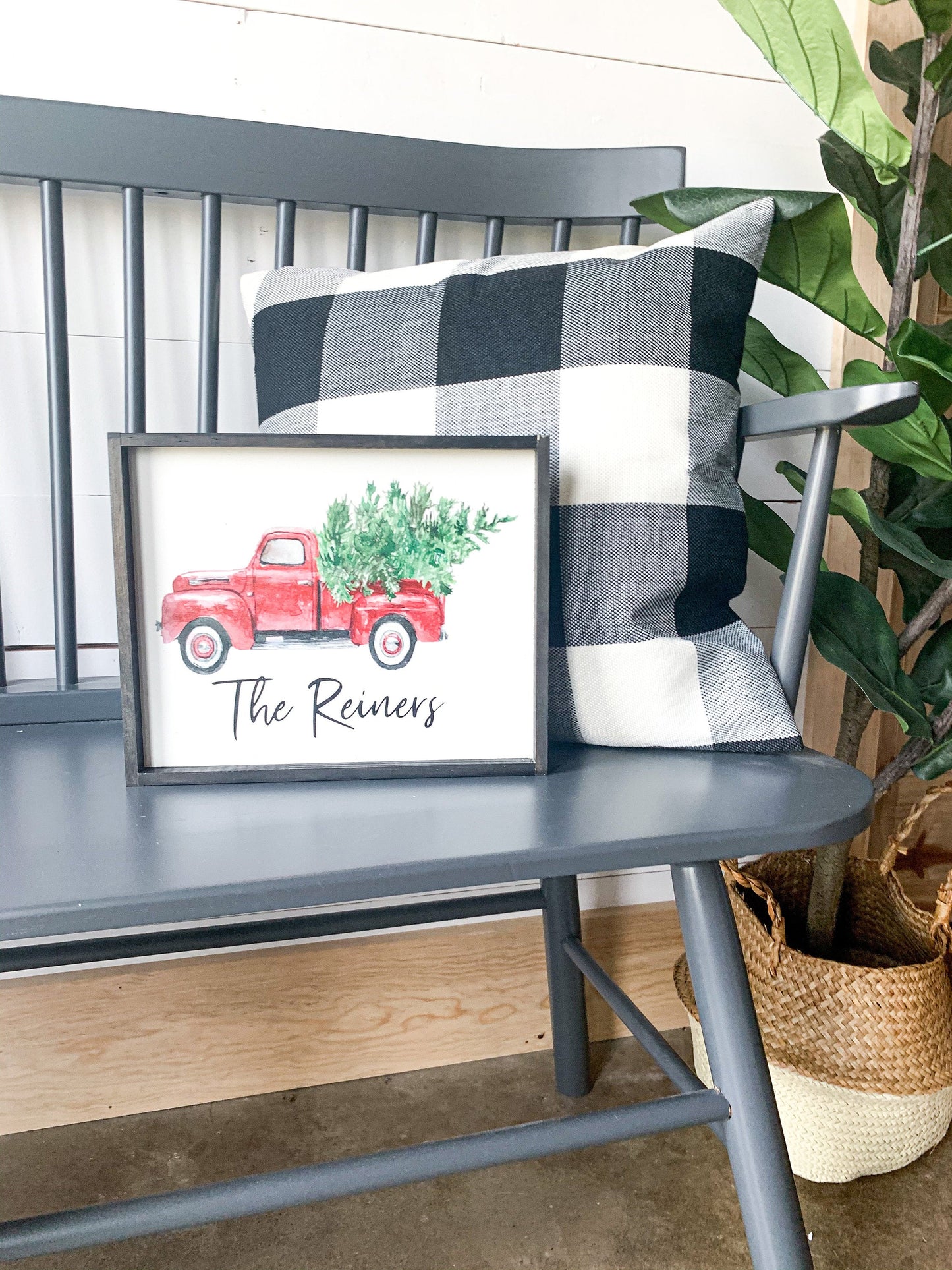 Watercolor Red Truck Personalized Custom Name Christmas Wood Sign
