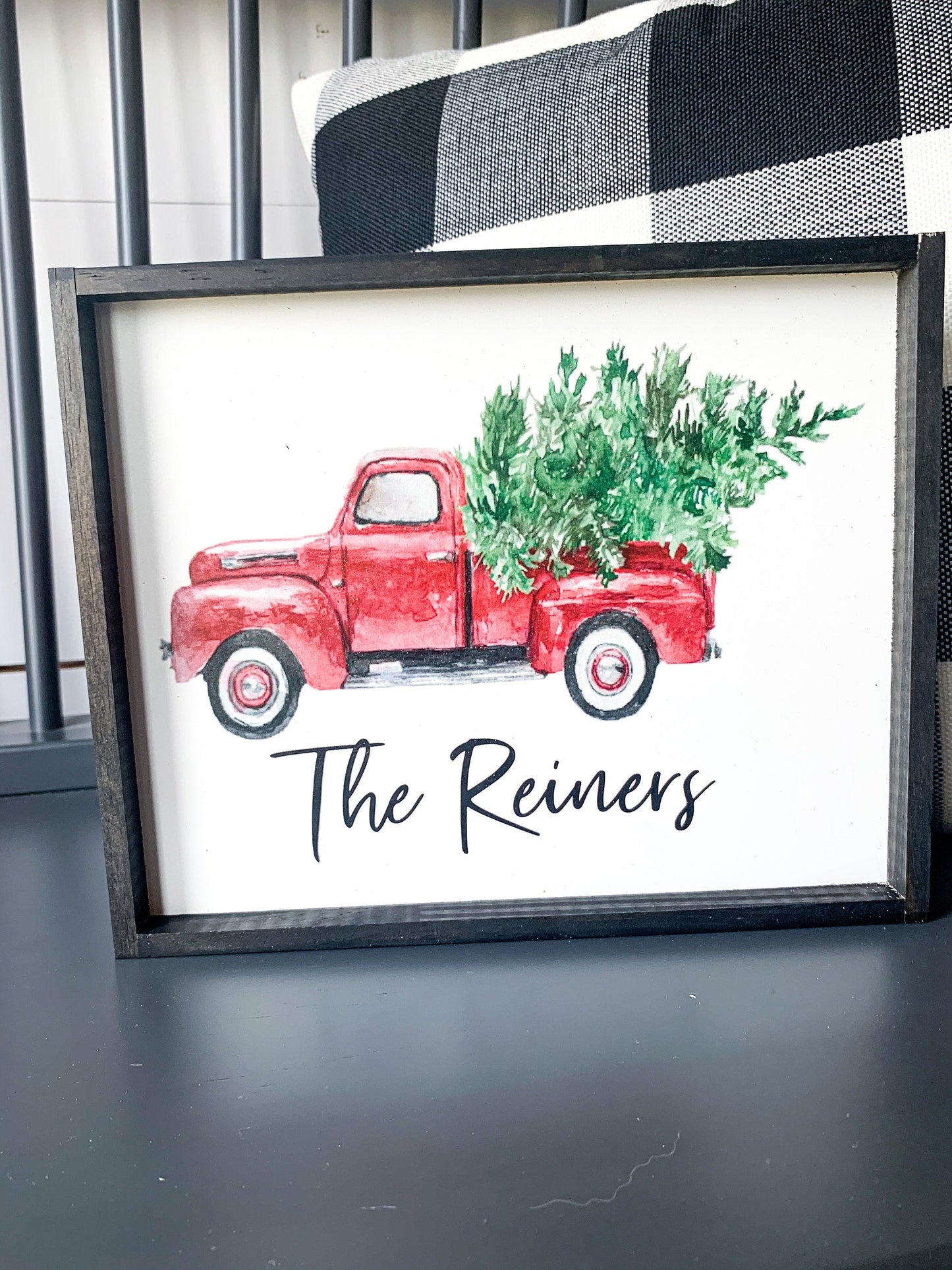 Watercolor Red Truck Personalized Custom Name Christmas Wood Sign