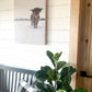 Macho in the snow; winter scene; scottish highland bull cow; photo on wood box