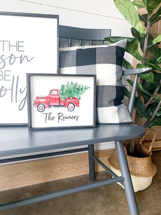 Watercolor Red Truck Personalized Custom Name Christmas Wood Sign
