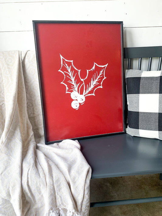 Red and white Holly Mistletoe Large Wood Sign Mantle layering sign