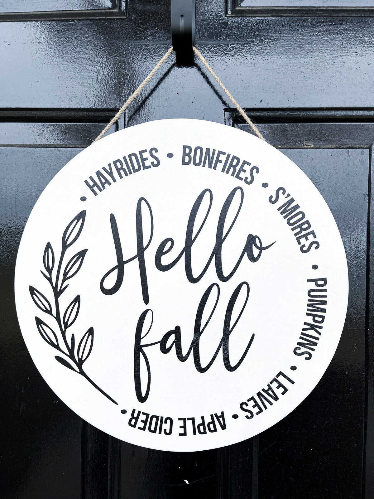 Hello Fall Autumn Harvest Bucket List Fall things Circle Wood Sign; Hanging Sign