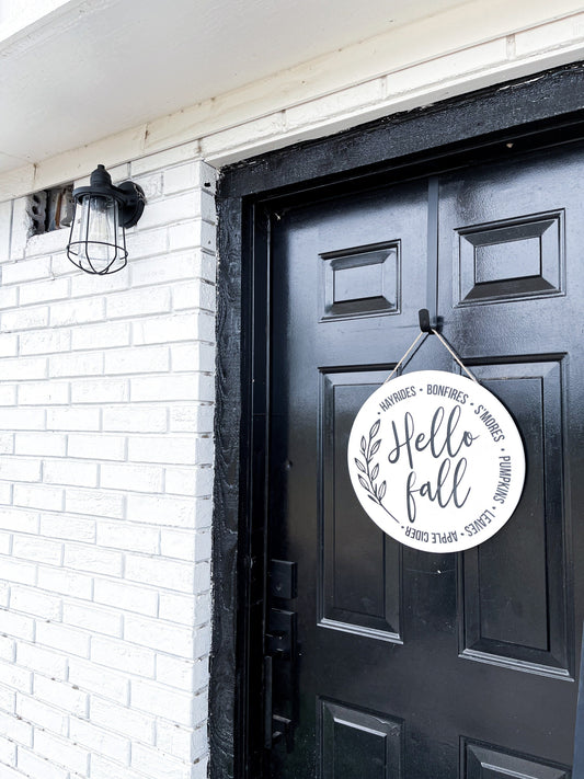 Hello Fall Autumn Harvest Bucket List Fall things Circle Wood Sign; Hanging Sign
