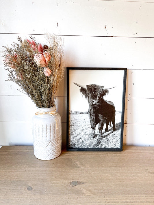 Maggie Black Scottish Highland Cow and baby Fluffy CowPhotos; Framed Wood Photo Signs