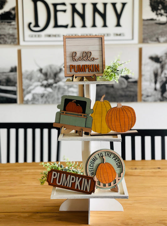 Pumpkin Patch Fall Blue Truck 3d Laser Farmhouse Seasonal Tiered Tray