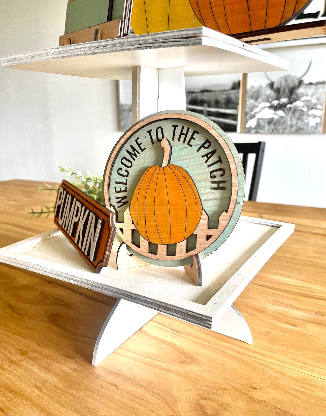 Pumpkin Patch Fall Blue Truck 3d Laser Farmhouse Seasonal Tiered Tray