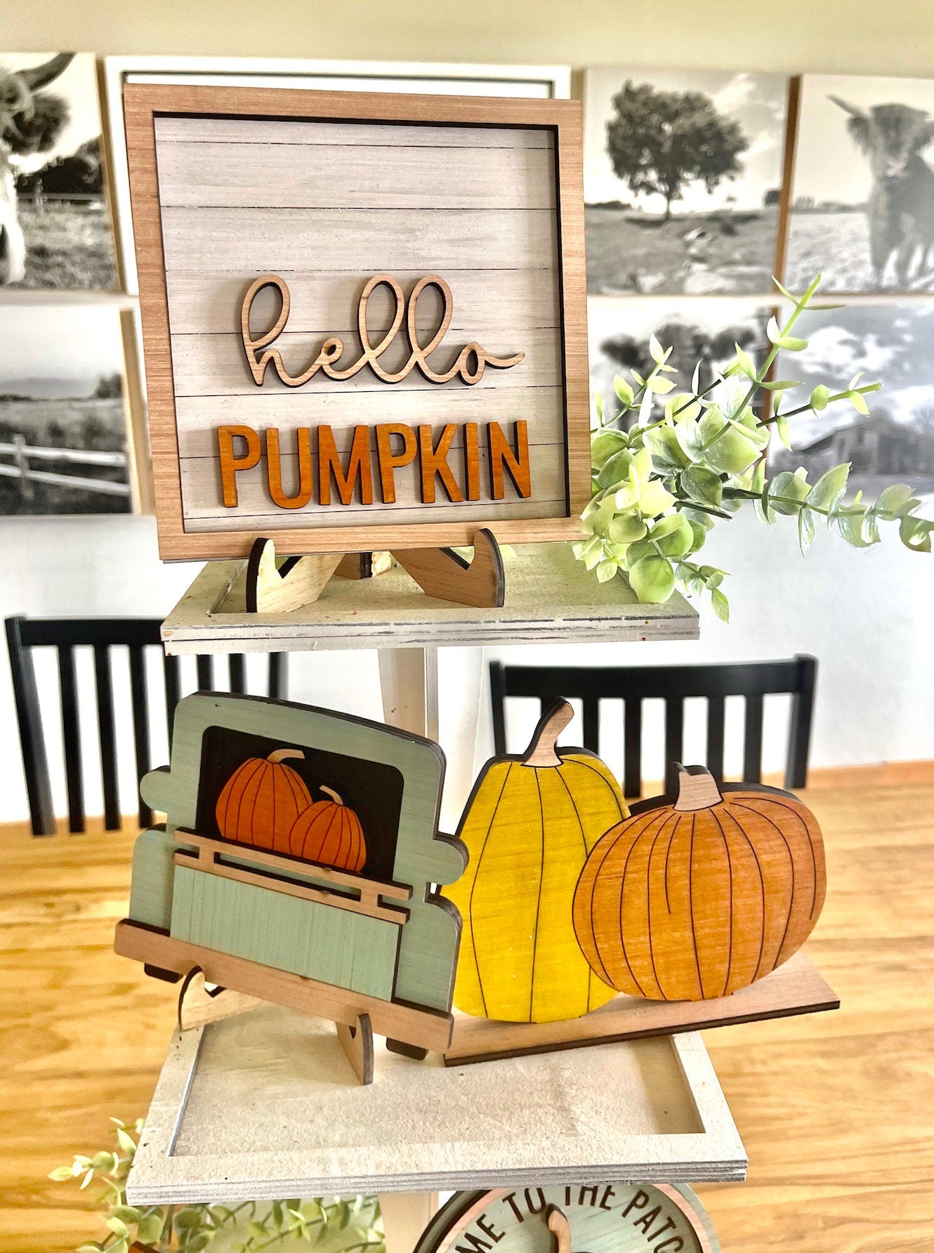 Pumpkin Patch Fall Blue Truck 3d Laser Farmhouse Seasonal Tiered Tray