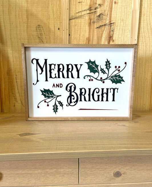 Old Fashion Traditional Merry and Bright Red and Green Holly christmas wood sign