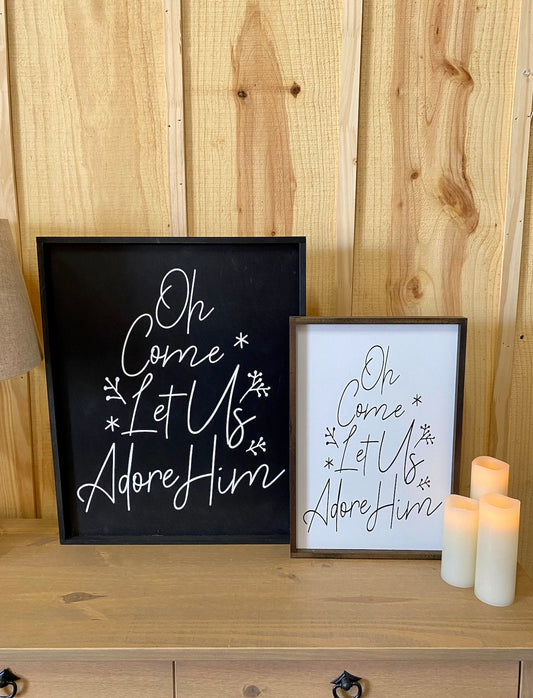 oh come let us adore him christmas tree shaped wood sign