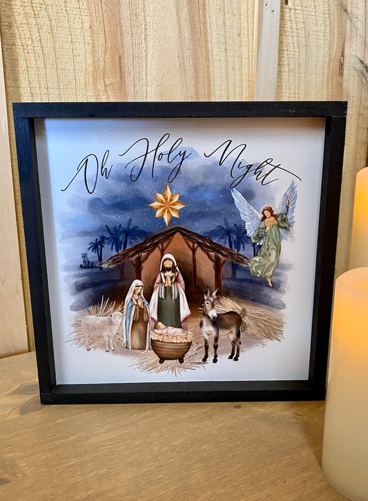 Oh Holy night Nativity Watercolor Christmas Scene wood sign