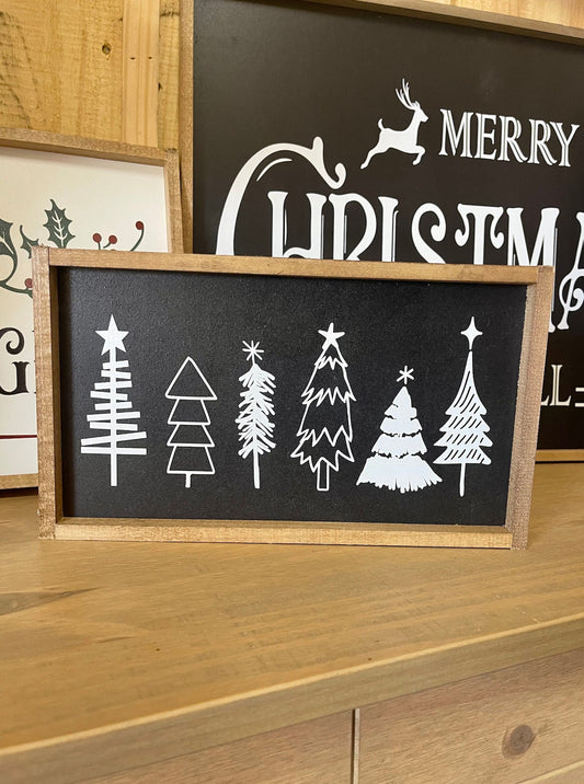 Black and white christmas tree doodle decor christmas wood sign