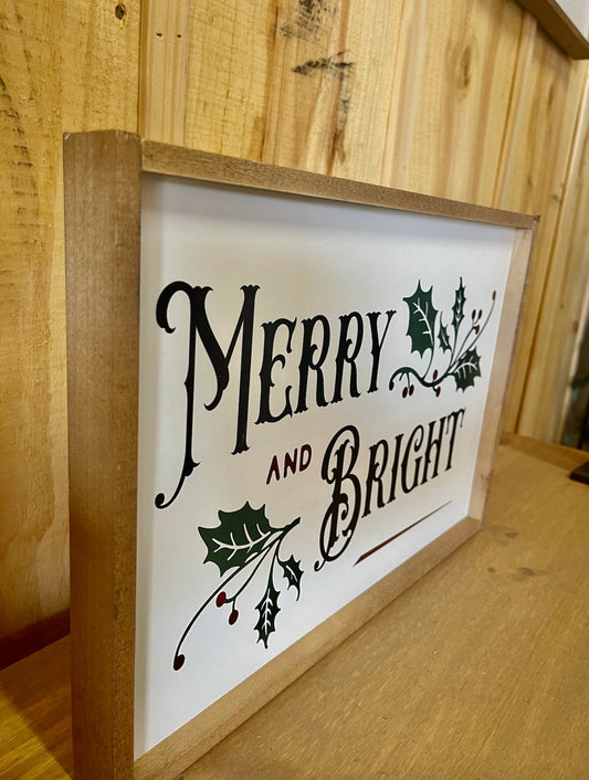 Old Fashion Traditional Merry and Bright Red and Green Holly christmas wood sign