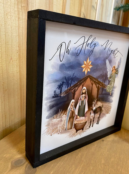 Oh Holy night Nativity Watercolor Christmas Scene wood sign