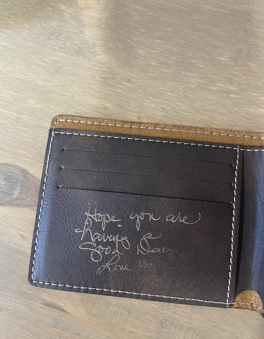Your handwritten Family Note engraved into leather wallet