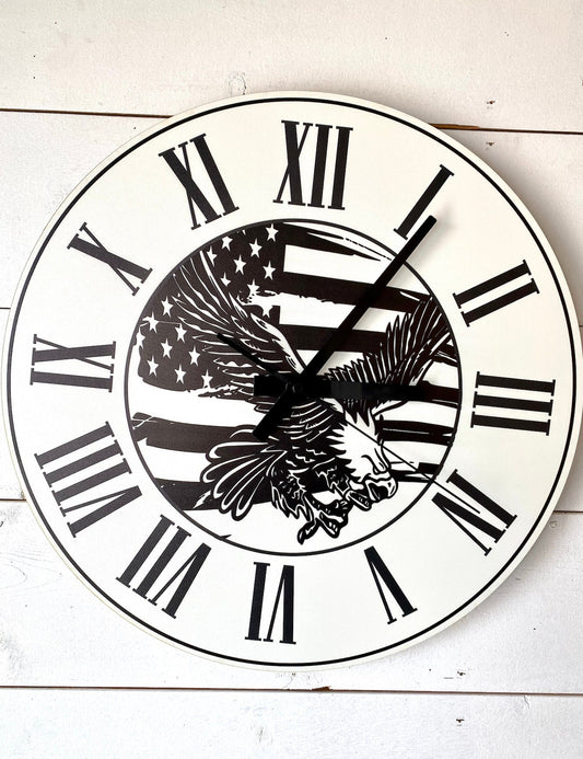 Roman Numeral Bald Eagle American Flag Wood Clock patriot