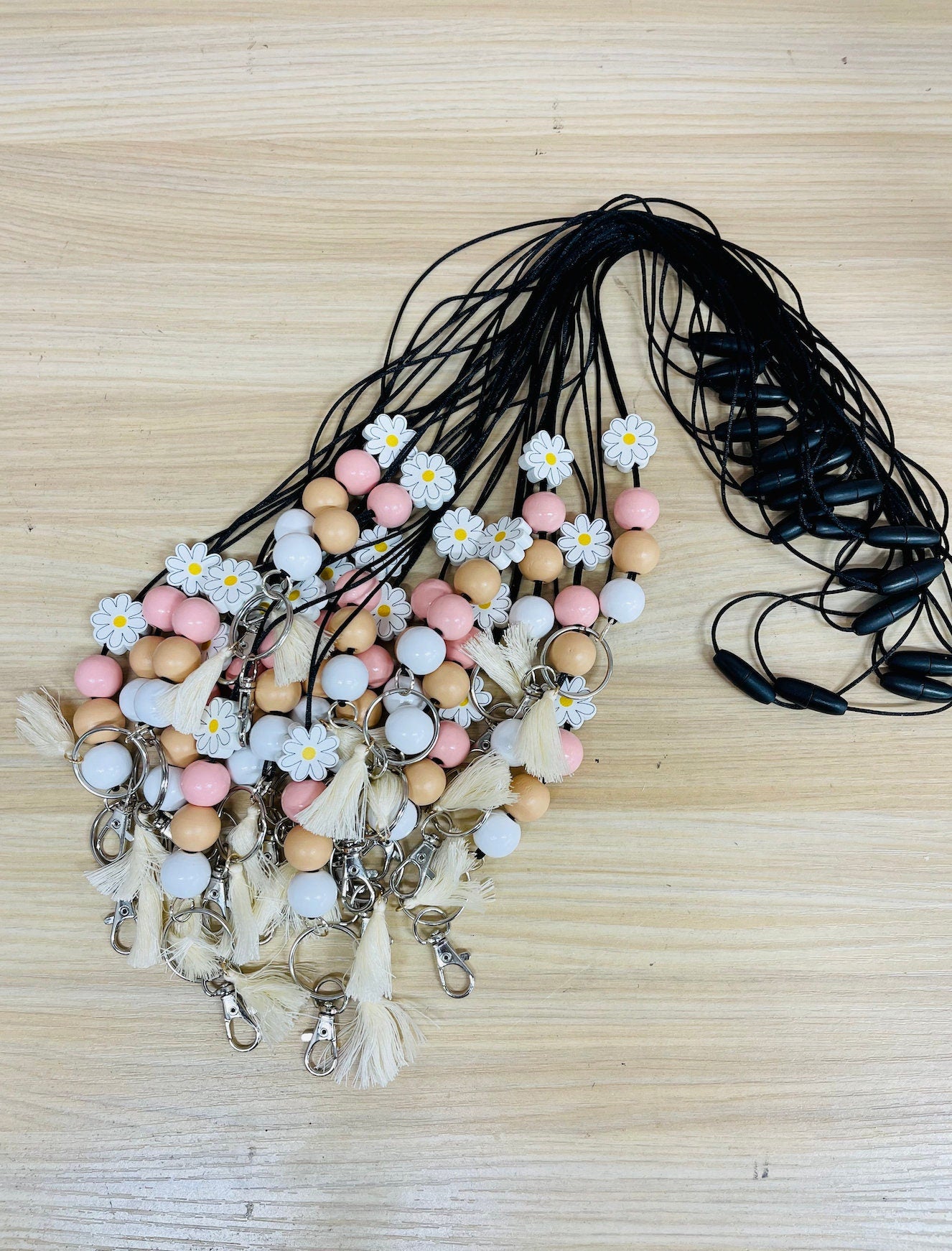 daisy neutral pink retro Teacher Nurse Keychain Lanyard Farmhouse Bead Tassel acrylic