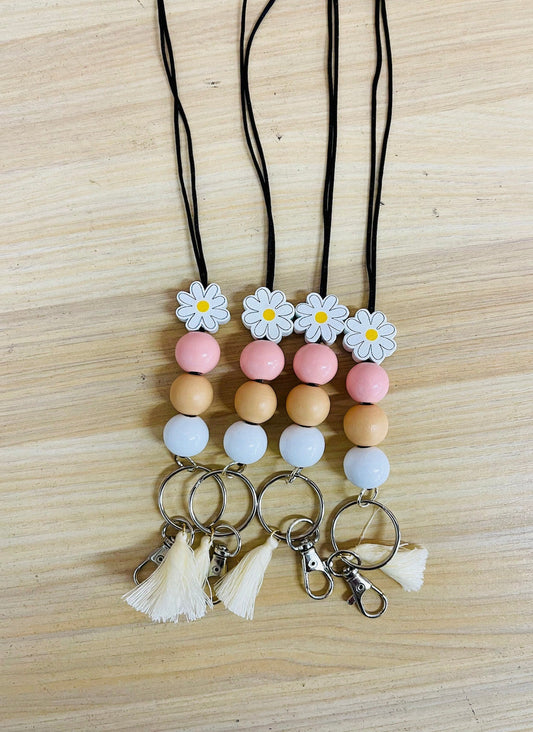 daisy neutral pink retro Teacher Nurse Keychain Lanyard Farmhouse Bead Tassel acrylic