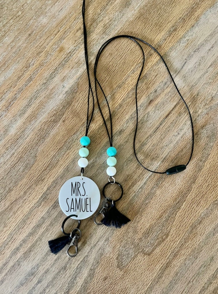 blue green silicone beads Teacher Nurse Keychain Lanyard Farmhouse Bead Tassel acrylic