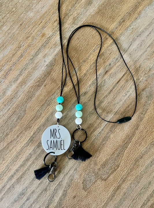 blue green silicone beads Teacher Nurse Keychain Lanyard Farmhouse Bead Tassel acrylic