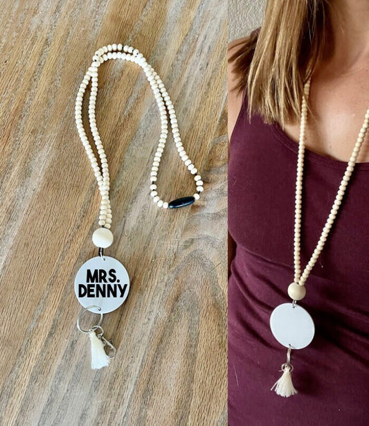 wood beaded personalized custom Teacher Nurse Keychain Lanyard Farmhouse Bead Tassel acrylic