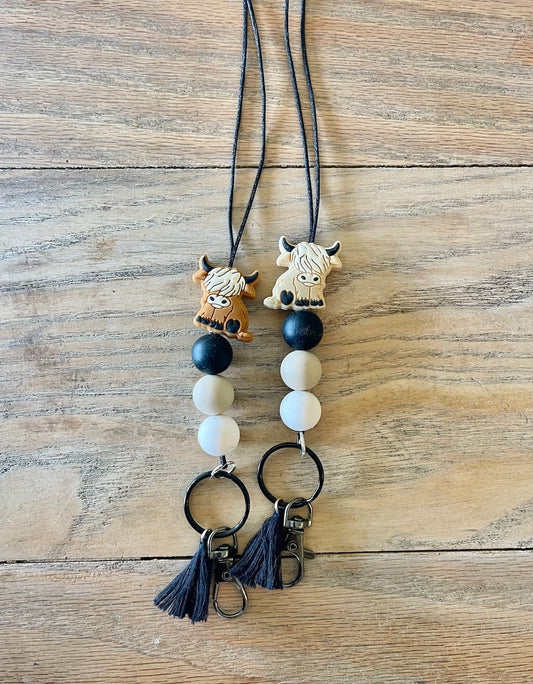 Highland Fluffy Cow Silicone Teacher Nurse Keychain Lanyard Farmhouse Bead Tassel