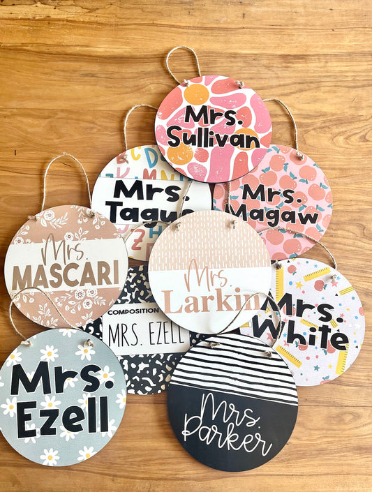 Colorful Teacher Pattern Name Sign; wood Round sign