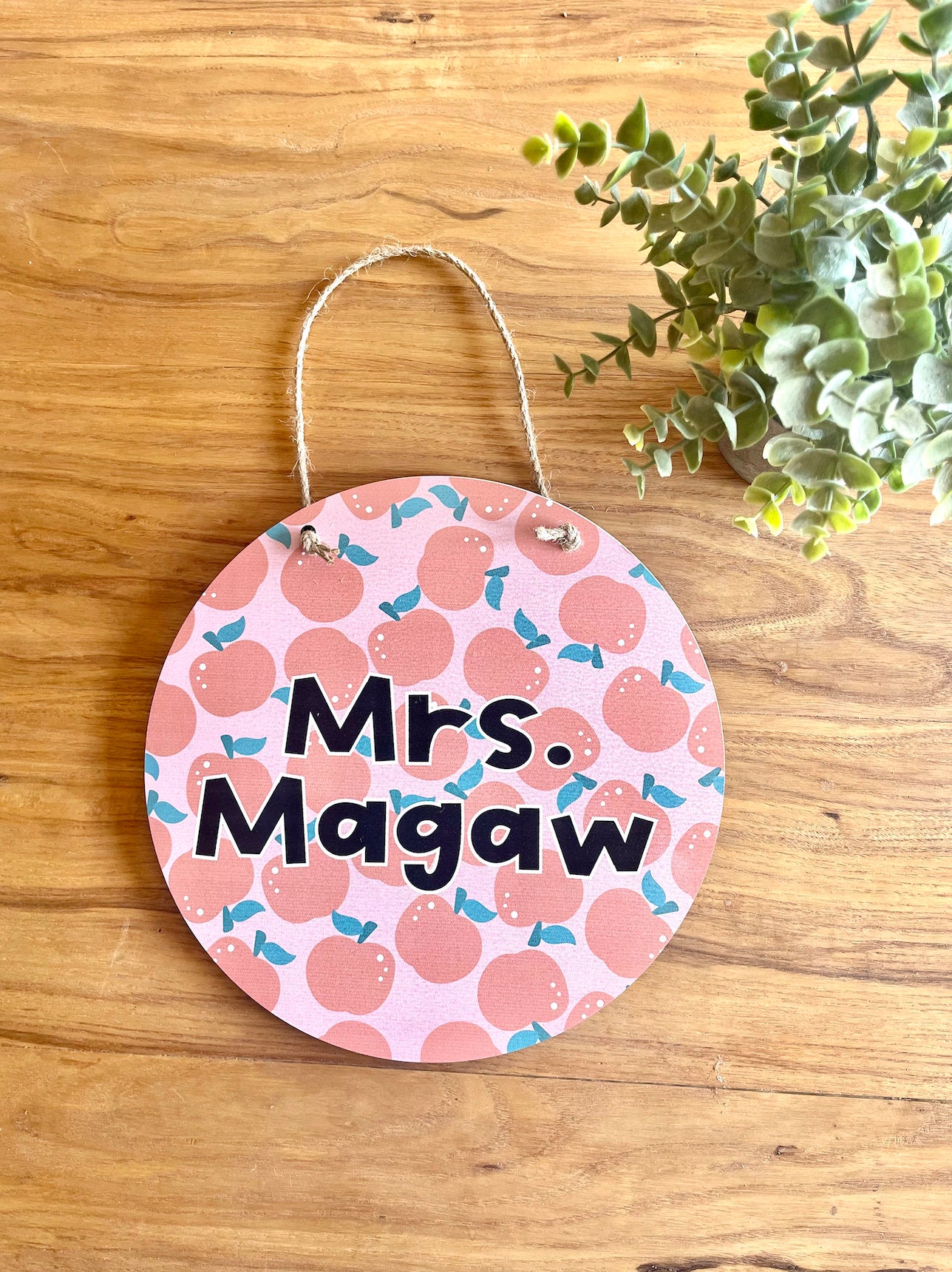 Colorful Teacher Pattern Name Sign; wood Round sign