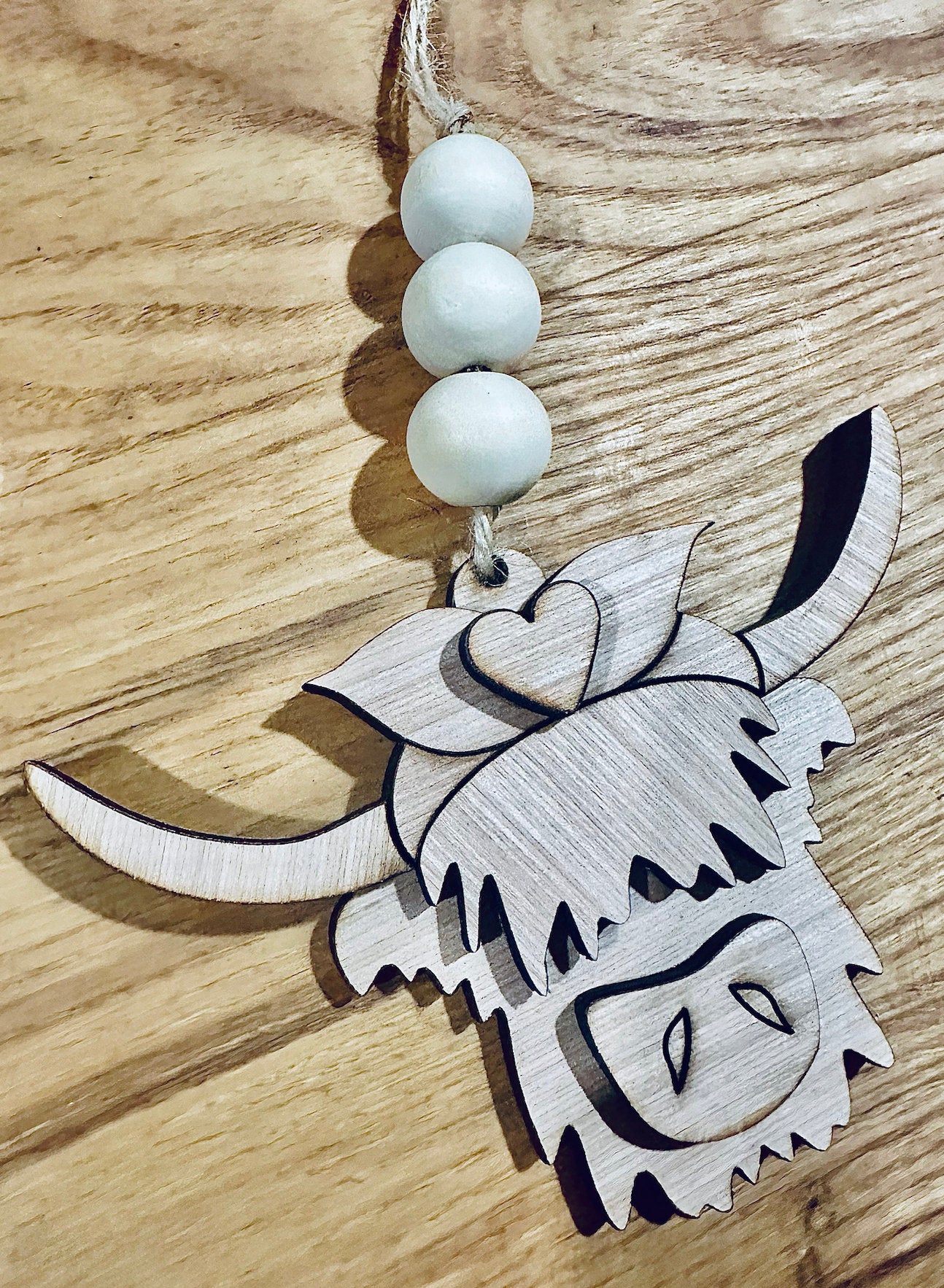 highland cow 3d cut out wooden bead car charm accessory