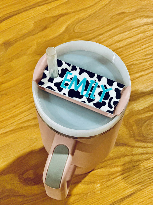 Custom Cow Print Pencil Stanley Quencher V2 Tumbler Lid Name Tag 20/30oz or 40 oz insulated Name Topper Personalized Acrylic mug Rectangle