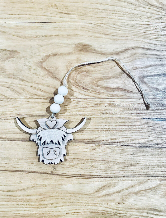 highland cow 3d cut out wooden bead car charm accessory